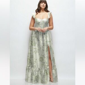 new Dessy Collection flutter strap corset bodice gown in sage cottage rose
